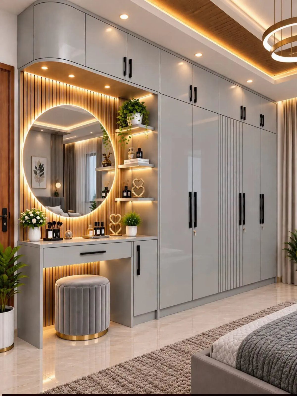 Modern grey built-in wardrobes with an integrated vanity station and backlit circular mirror.