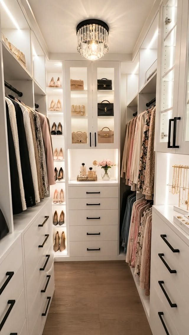 A luxurious white walk-in closet with organized clothing, shoes, handbags, and drawers.
