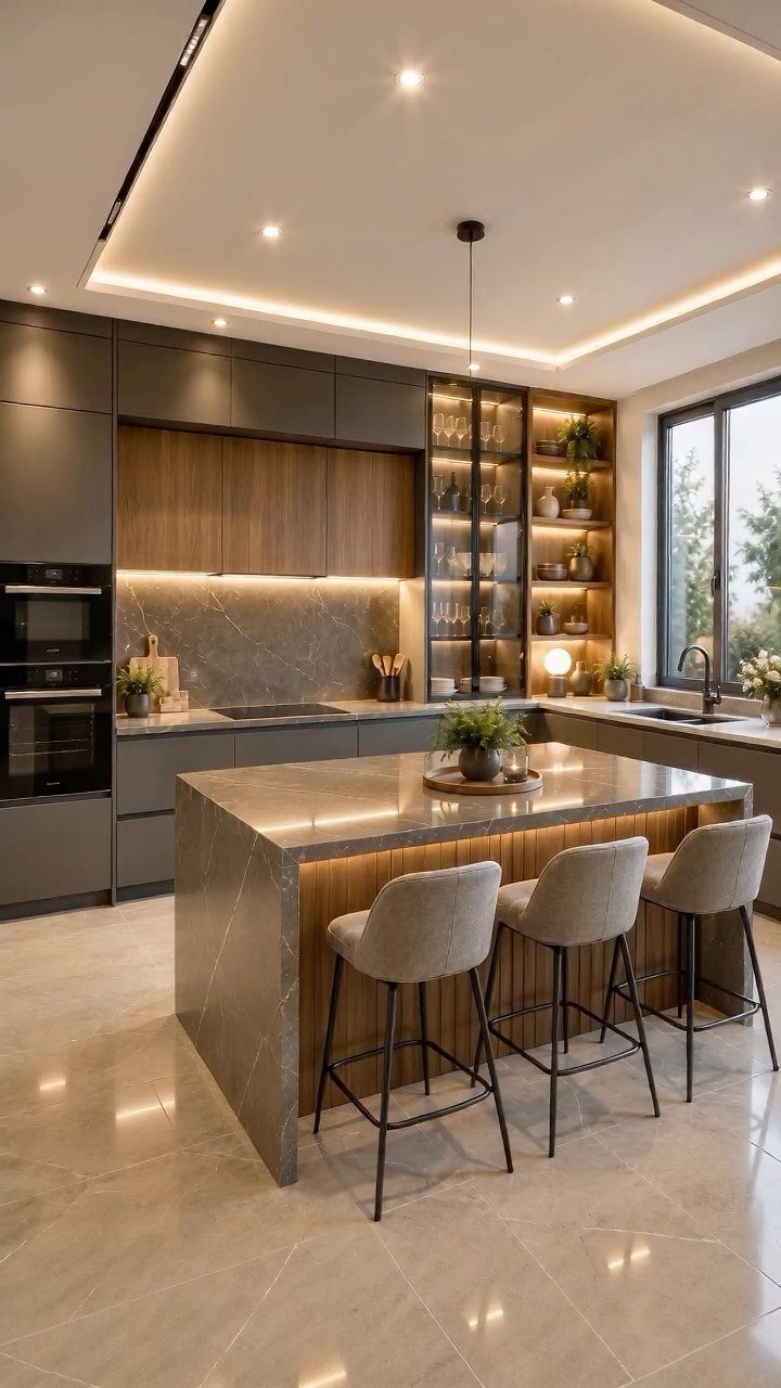 Modern kitchen island with marble countertop, overhang seating, and three grey bar stools.