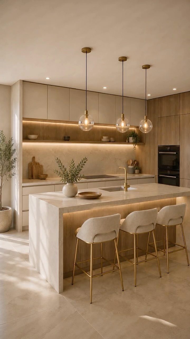 A modern kitchen island with a stone waterfall edge and three white bar stools.