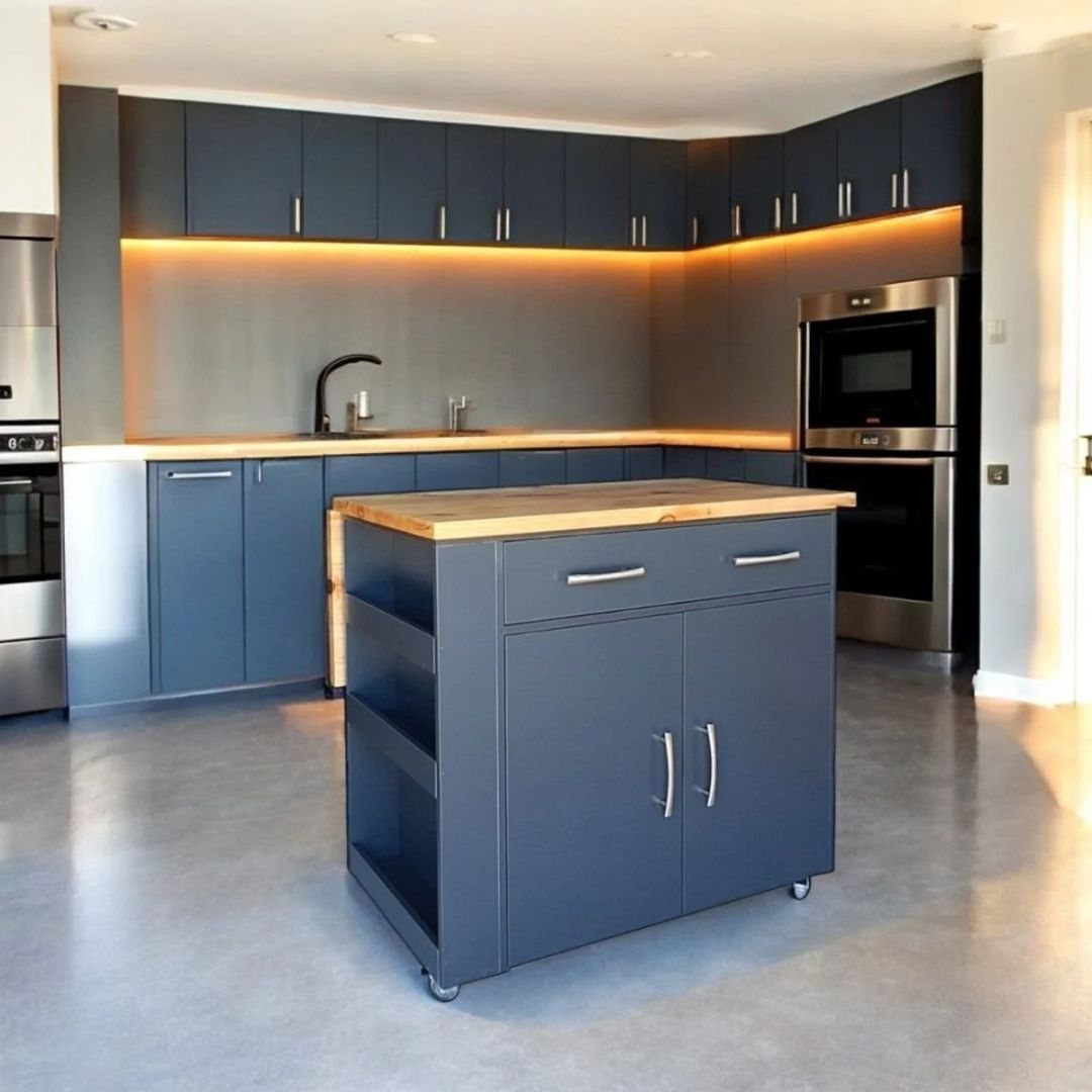 A navy blue mobile kitchen island with a wooden countertop on wheels in a modern kitchen.
