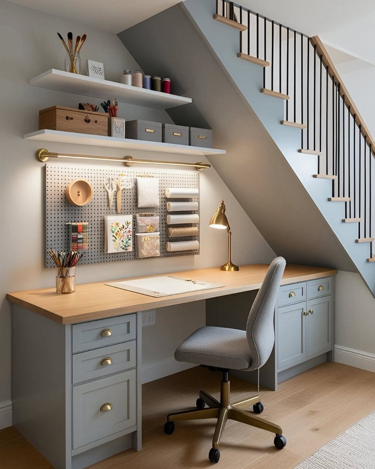 A light wood desk with grey cabinets built into the space underneath a staircase.