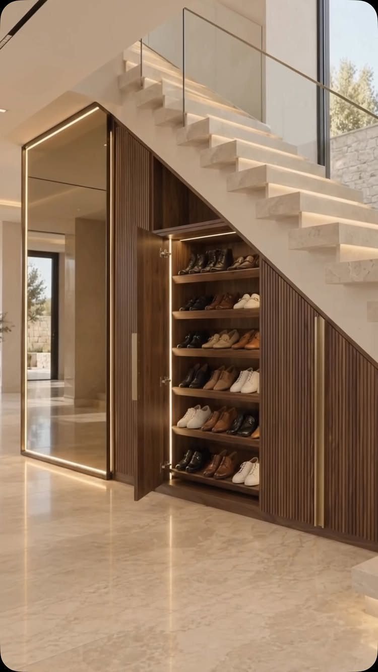 Wooden built-in shoe storage shelves and a tall mirror located underneath a modern staircase.