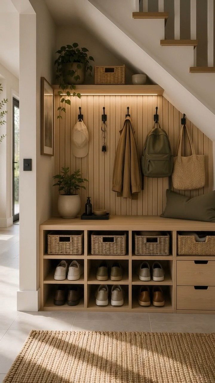 Wooden entryway organizer under stairs with cubbies, baskets, bench, and wall hooks for storage.