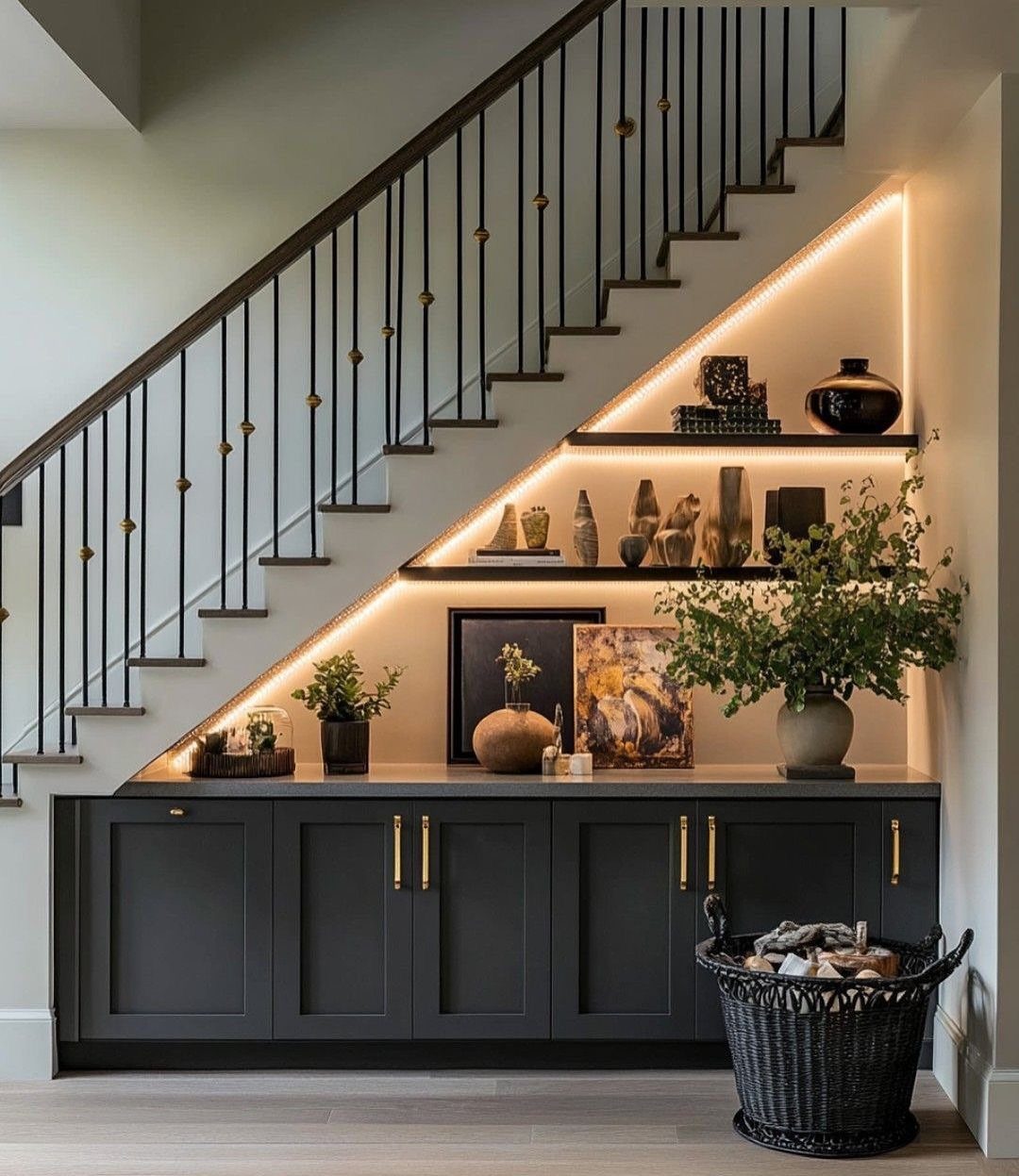 Dark grey built-in cabinets and open shelves with warm LED lighting under a staircase.