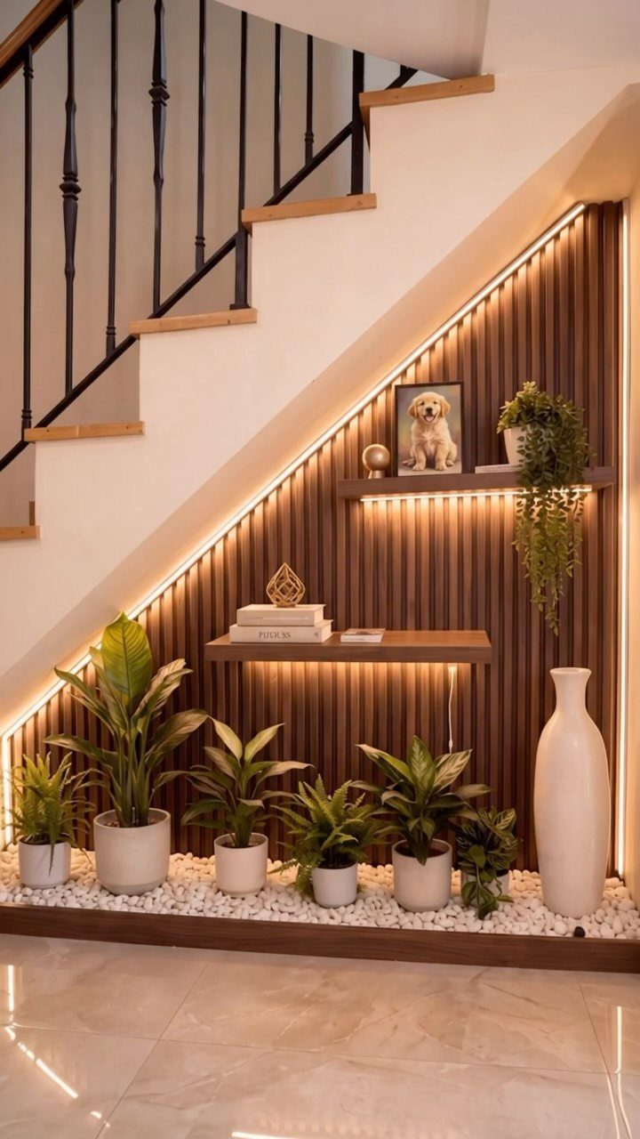 Wooden floating shelves and potted plants arranged on a slatted wood panel under a staircase.