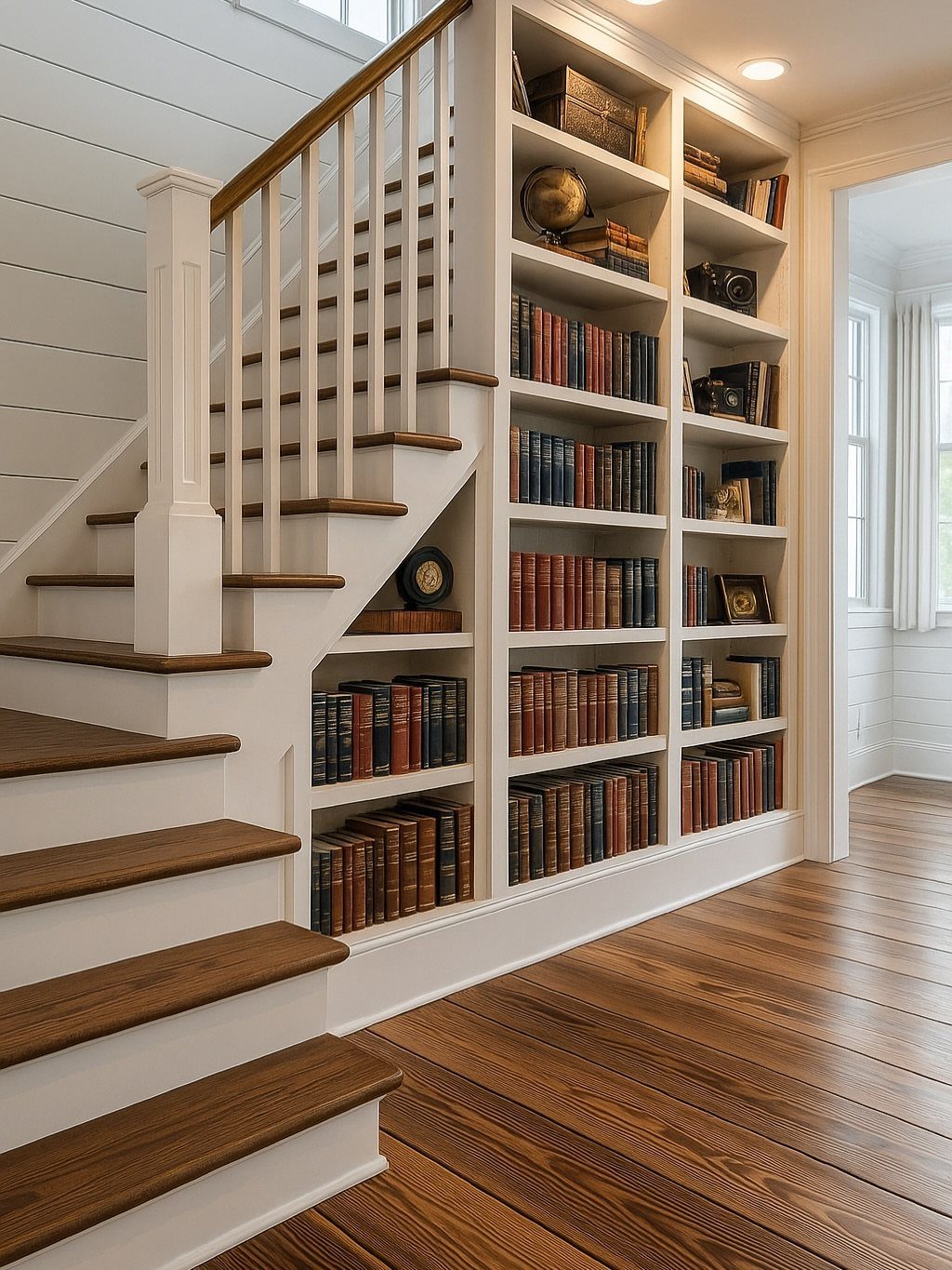 Built-in white bookshelves filled with books and decor located under a wooden staircase.