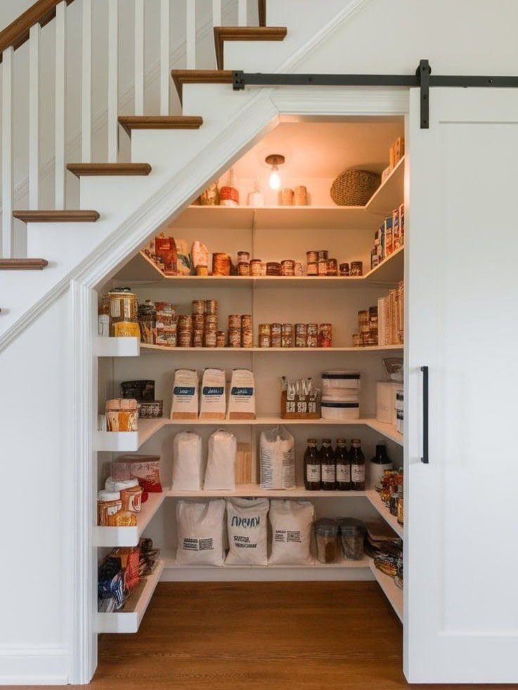 White pantry shelves filled with food items located underneath a wooden staircase.
