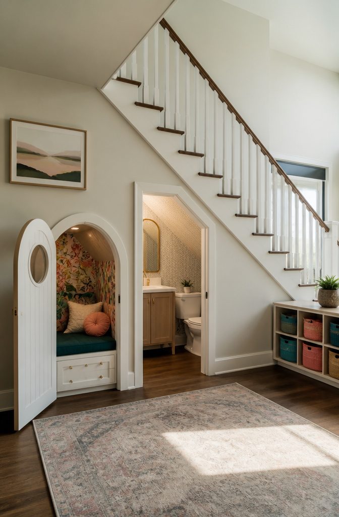 10 Luxury Understair Cabinet Ideas for Built-In Storage and Style 13 Compact under-stair powder room featuring a toilet and sink.