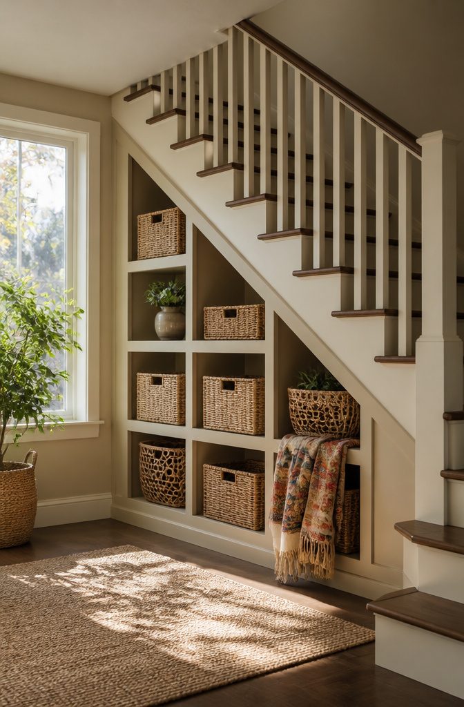 10 Luxury Understair Cabinet Ideas for Built-In Storage and Style 6 Under-stair cubby with open bamboo shelves and colorful woven baskets.