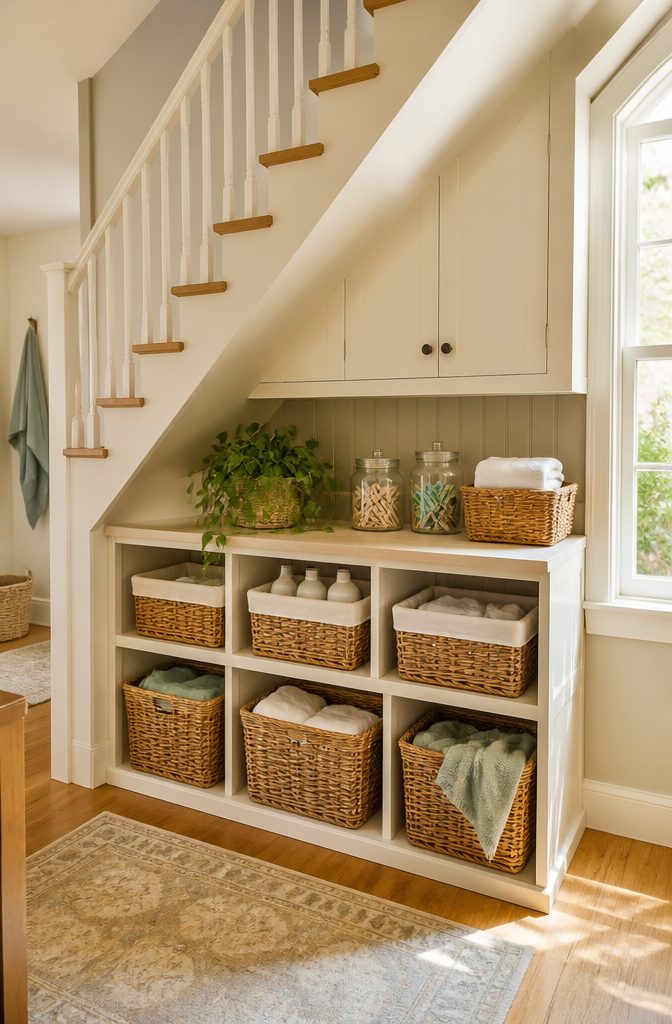 10 Luxury Understair Cabinet Ideas for Built-In Storage and Style 3 Under-stair laundry console with wicker baskets and soft white cabinetry.
