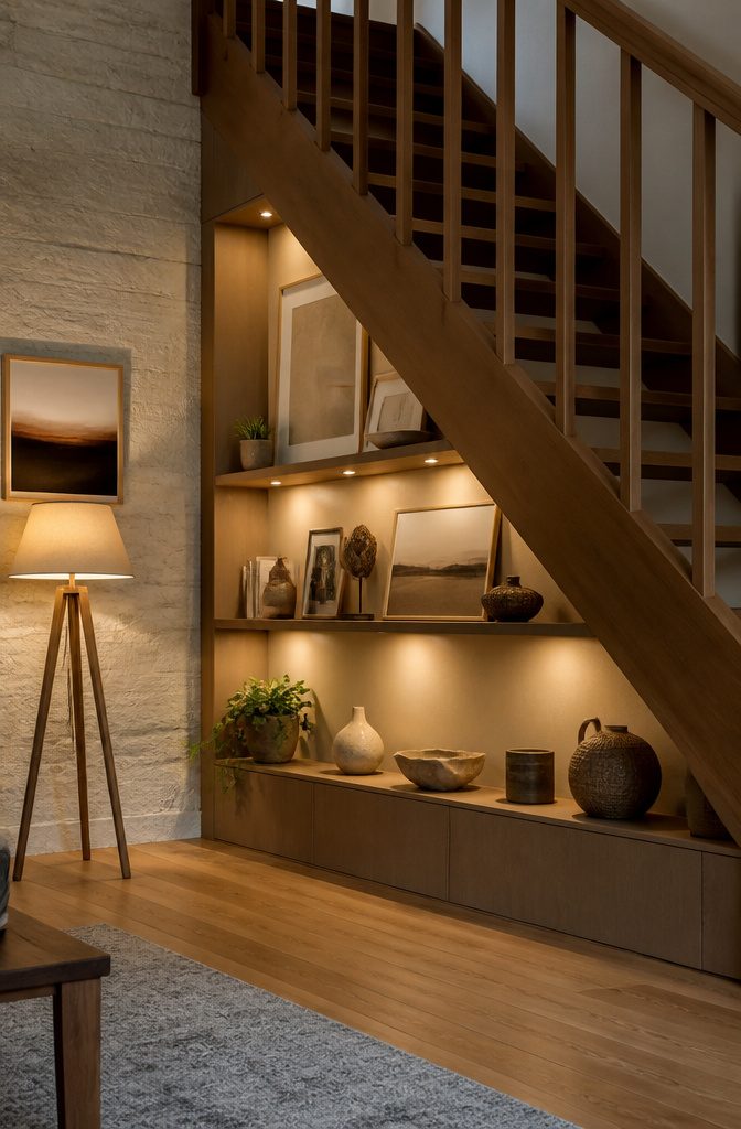 10 Luxury Understair Cabinet Ideas for Built-In Storage and Style 2 Under-stair display nook with artwork on shelves and collectibles below.