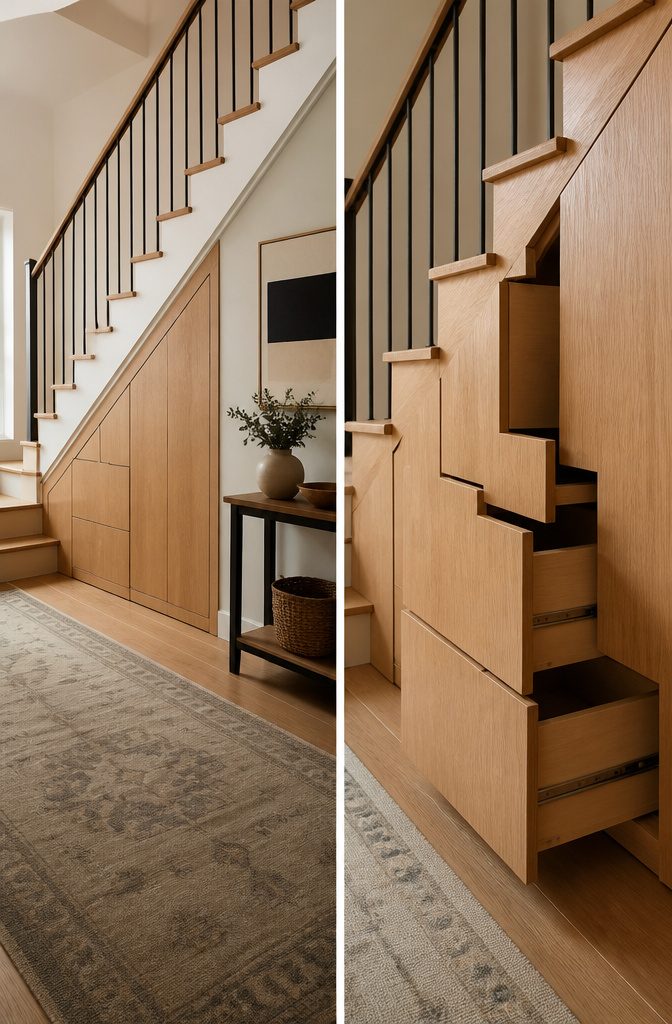 10 Luxury Understair Cabinet Ideas for Built-In Storage and Style 12 Under-stair storage with hidden drawers integrated into the stair risers.