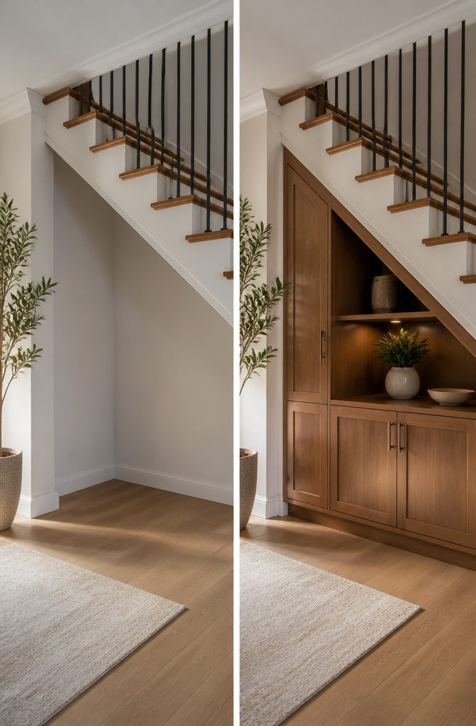 10 Luxury Understair Cabinet Ideas for Built-In Storage and Style 14 Under-stair cabinet matching the finish of the wooden staircase.