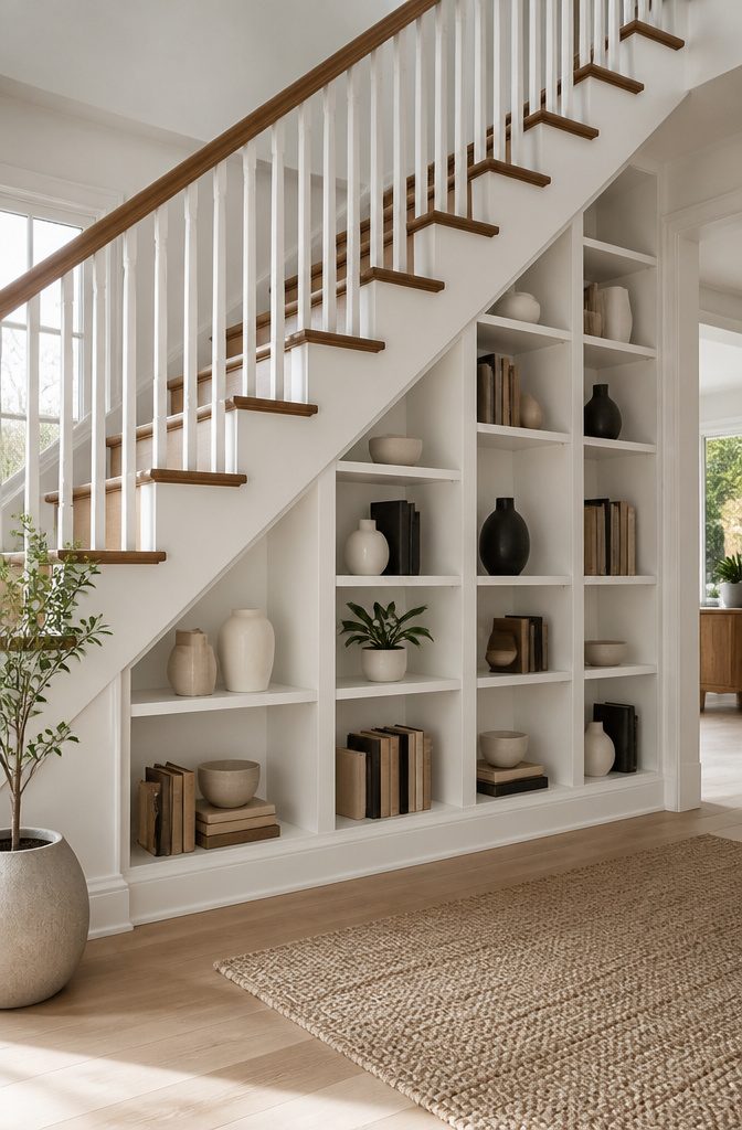 10 Luxury Understair Cabinet Ideas for Built-In Storage and Style 1 Built-in bookshelf under stairs with open cubbies displaying books and ceramics.