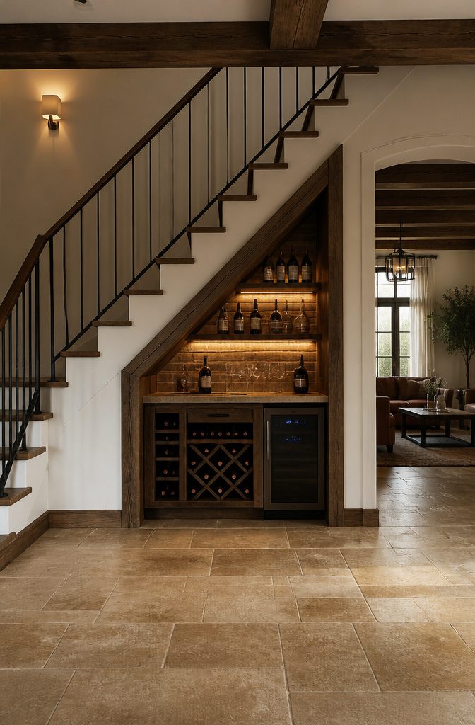 10 Luxury Understair Cabinet Ideas for Built-In Storage and Style 5 Under-stair wine bar with open timber shelving and a compact wine fridge.