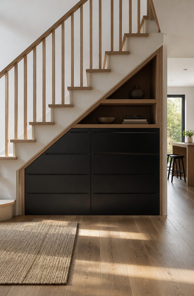 10 Luxury Understair Cabinet Ideas for Built-In Storage and Style 4 Under-stair drawer wall in matte black with open shelves for decor.