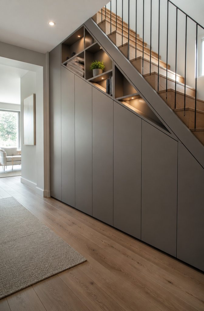 10 Luxury Understair Cabinet Ideas for Built-In Storage and Style 8 Under-stair storage wall with flush gray cabinets and decorative shelves.