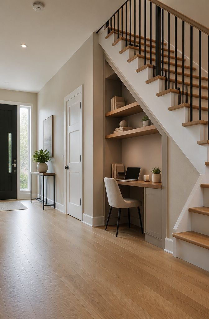 10 Luxury Understair Cabinet Ideas for Built-In Storage and Style 7 Under-stair workspace with a desk and built-in shelves following the angle.