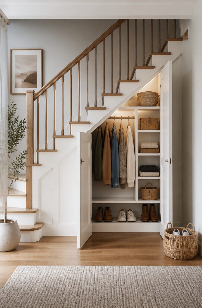 10 Luxury Understair Cabinet Ideas for Built-In Storage and Style 10 Under-stair open wardrobe with a hanging rod and white shelves.