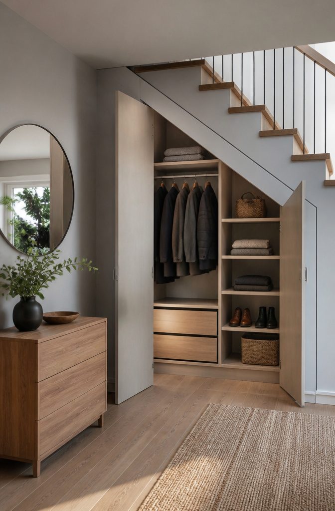 10 Luxury Understair Cabinet Ideas for Built-In Storage and Style 9 Wardrobe under stairs with hanging rods and organized shelving for clothes.