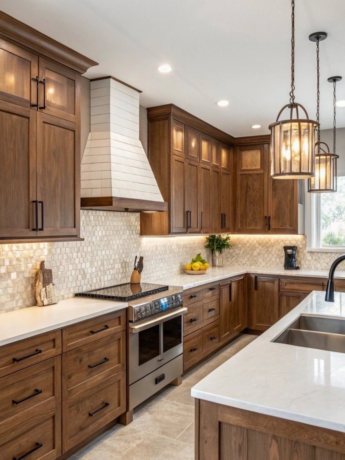Wooden kitchen cabinets with white countertops and a tiled backsplash under pendant lights.