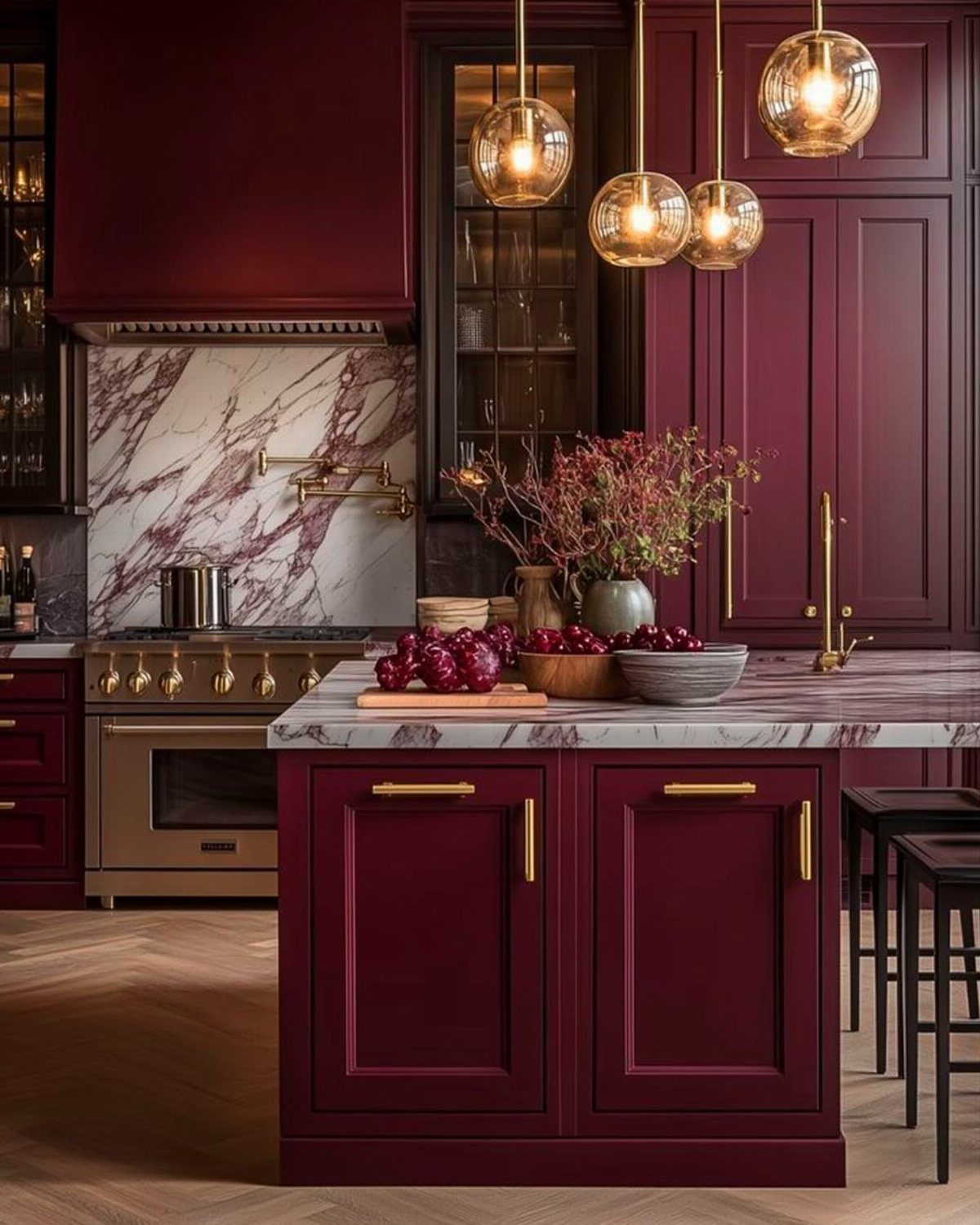 Deep burgundy red kitchen cabinets with gold hardware and marble countertops under warm pendant lighting.