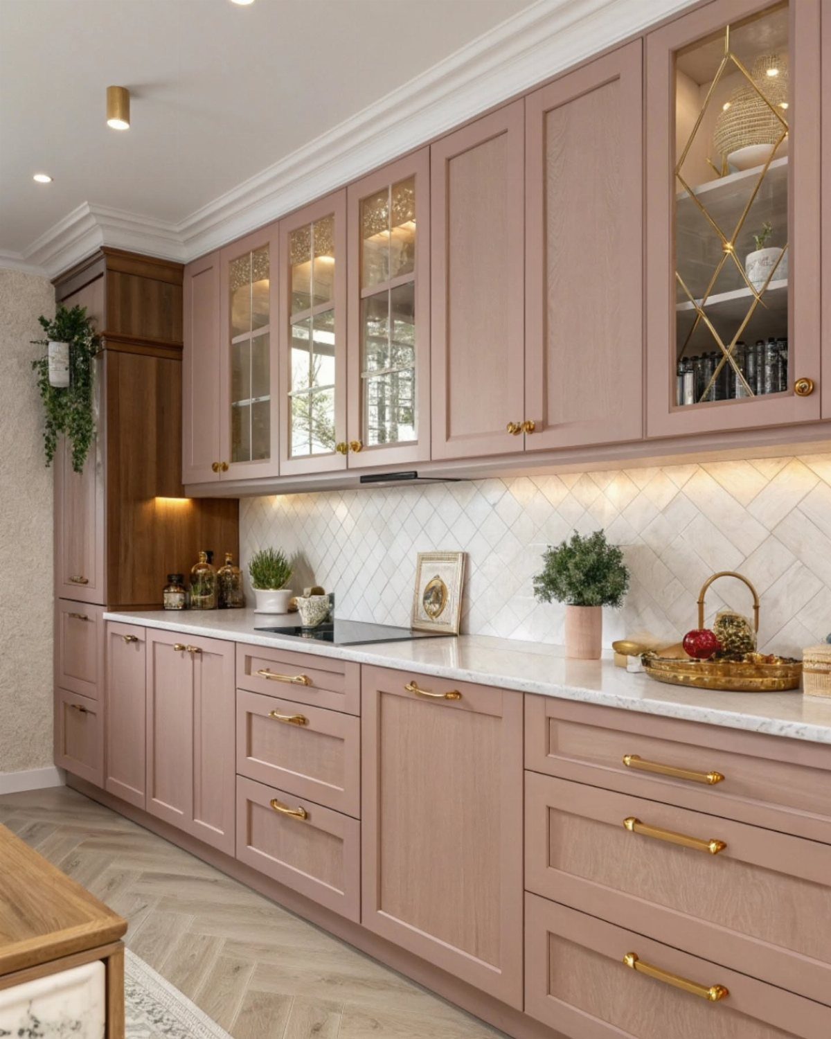 Dusty rose kitchen cabinets with gold handles and white marble countertops in a bright room.