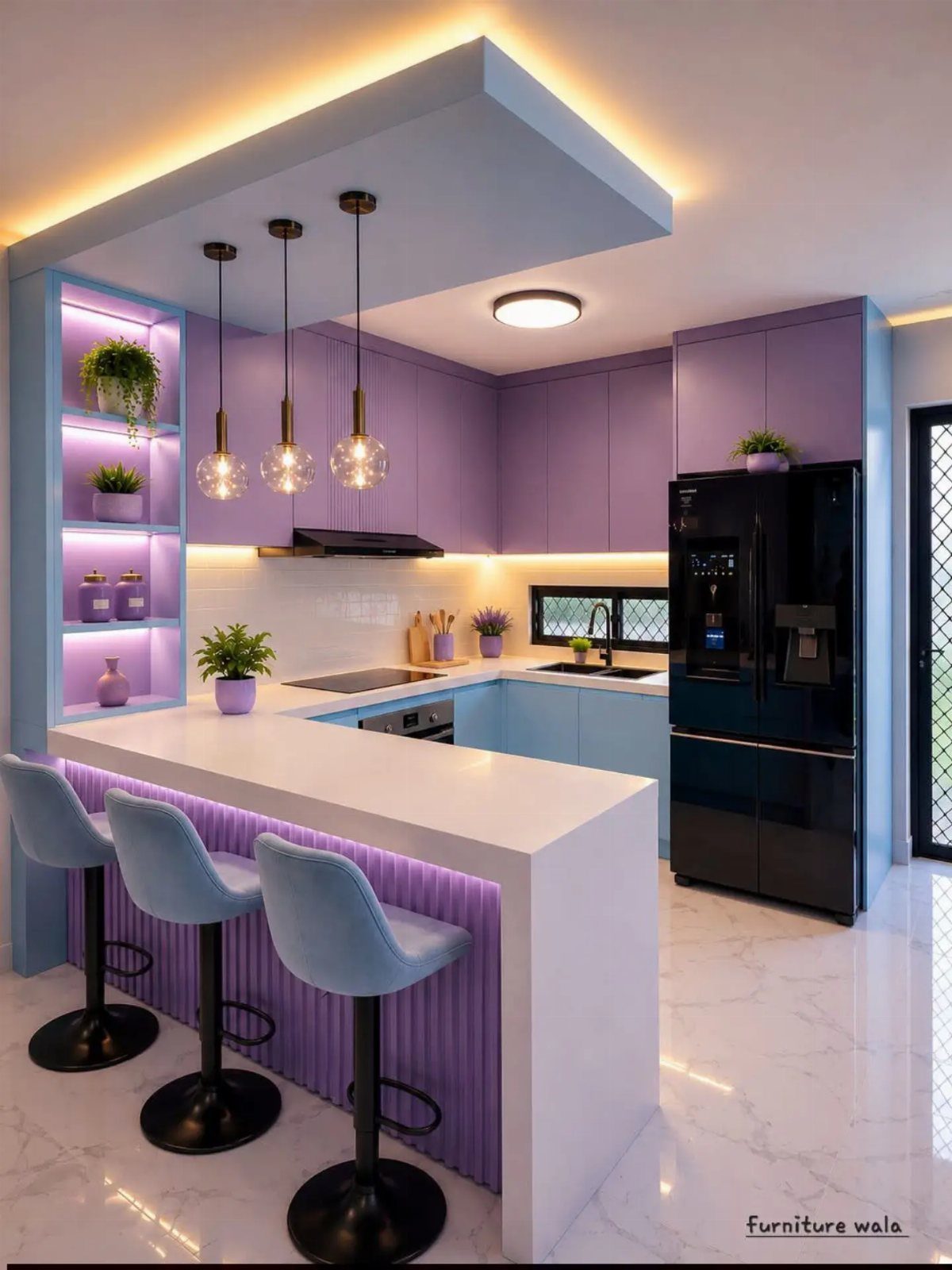 Modern kitchen with lavender purple cabinets, white marble countertops, and gold pendant lighting.