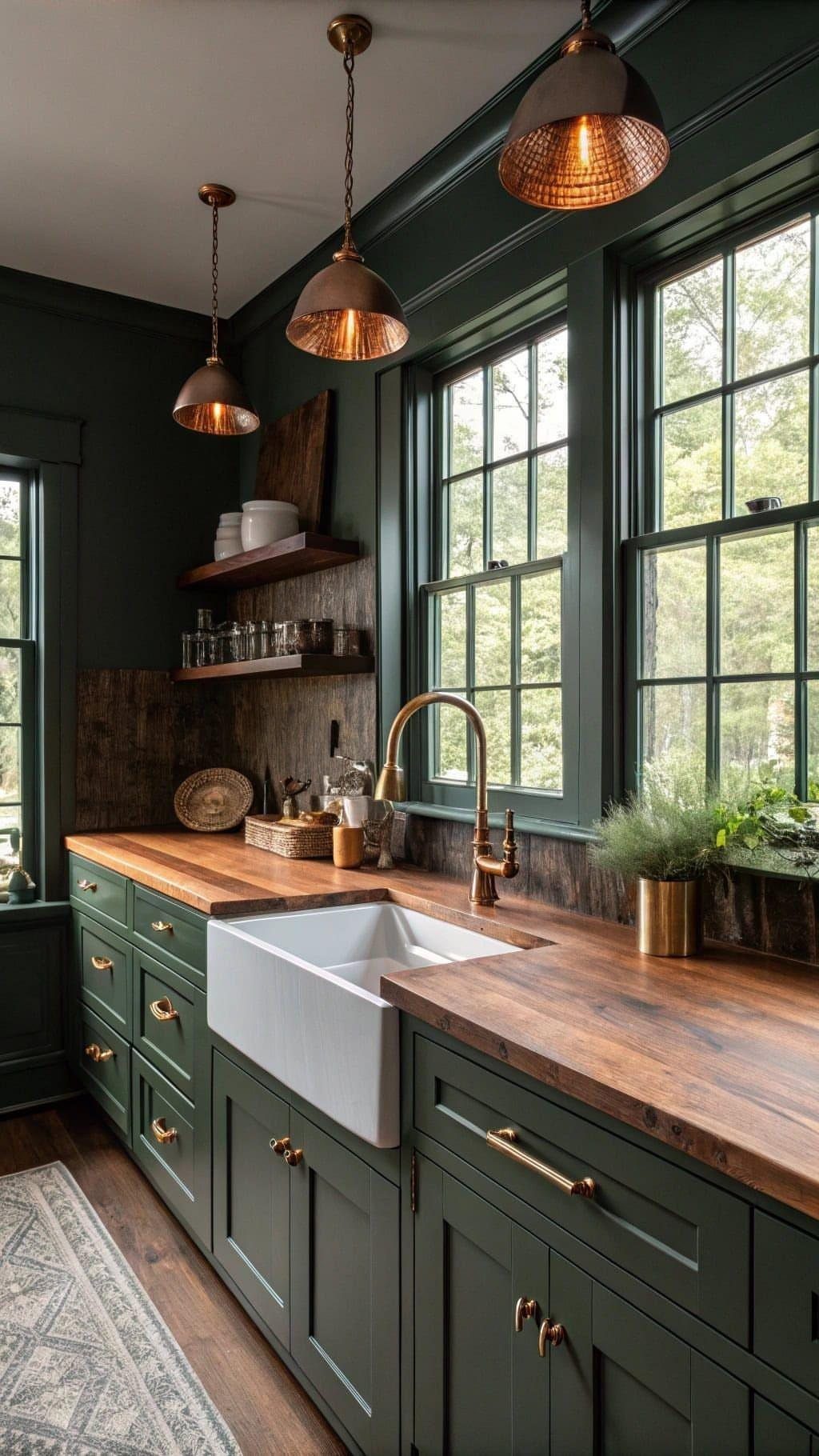 Emerald green kitchen cabinets with wooden countertops and brass hardware near a white sink.