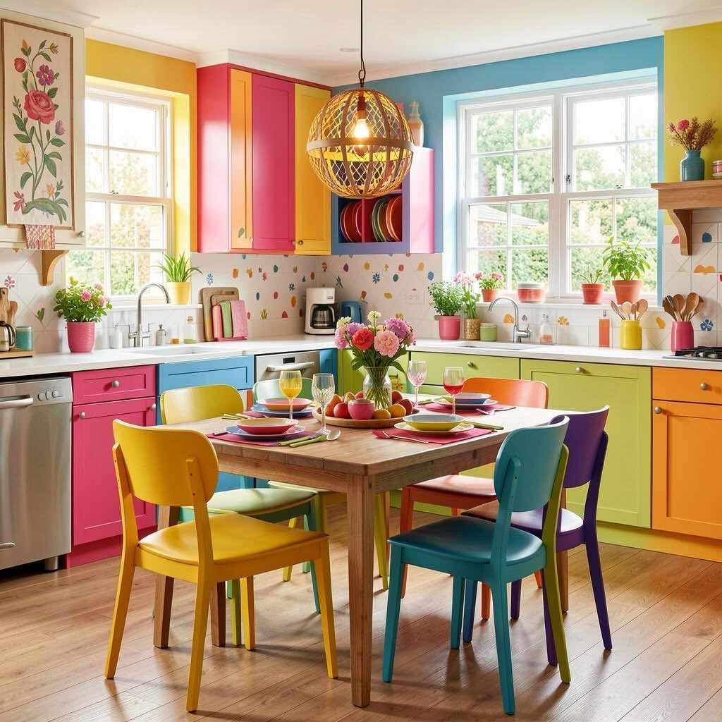 A vibrant kitchen with multicolored cabinets and a wooden table surrounded by colorful chairs.