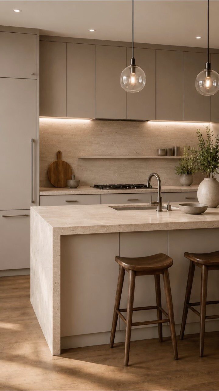 Modern kitchen with beige cabinets, a stone island, and wooden bar stools under warm lighting.