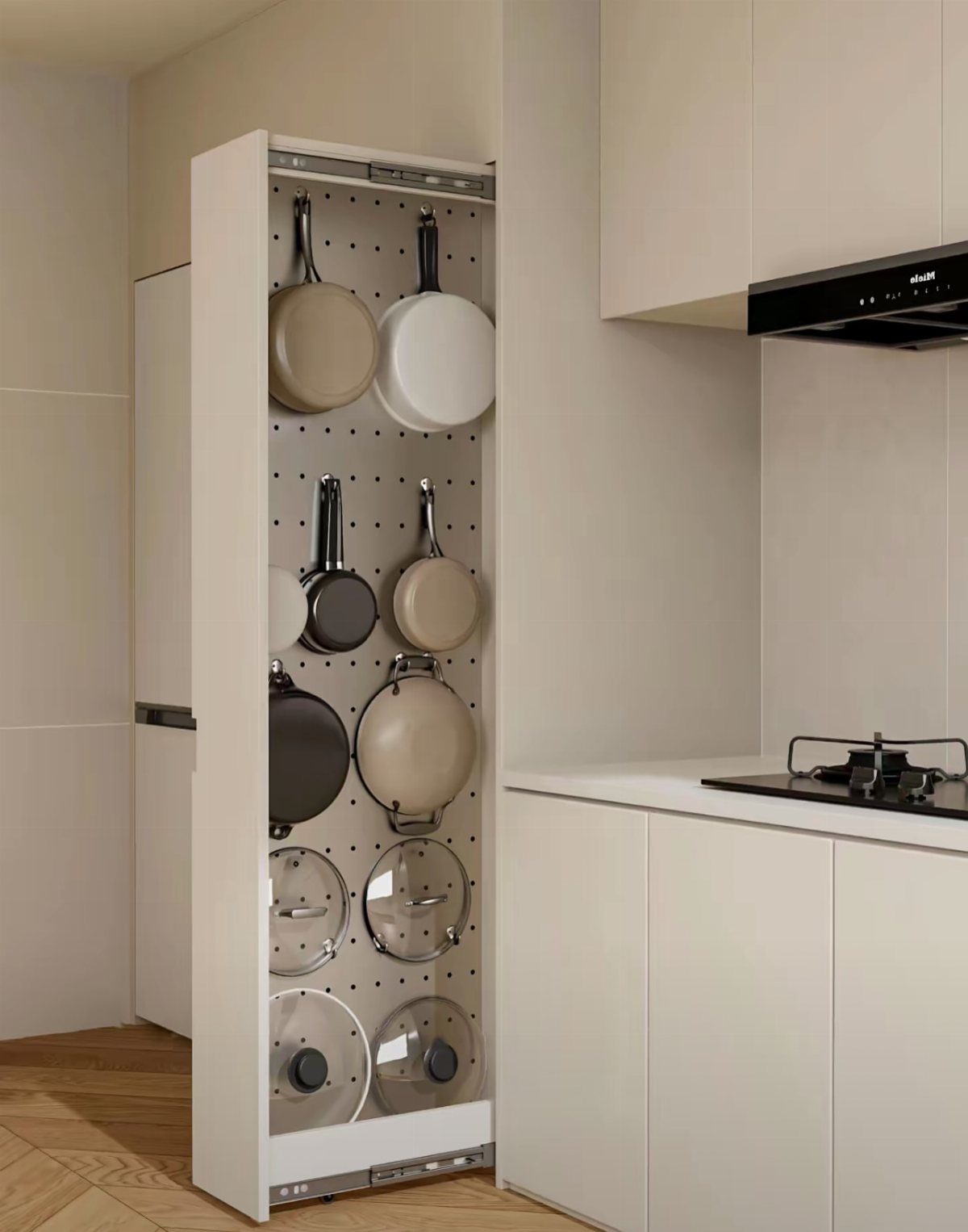 Vertical Pull Out Cabinet Kitchen: 7 Ideas That Fix Stiff Necks 5 A tall white vertical pull-out kitchen cabinet filled with organized pans and lids.