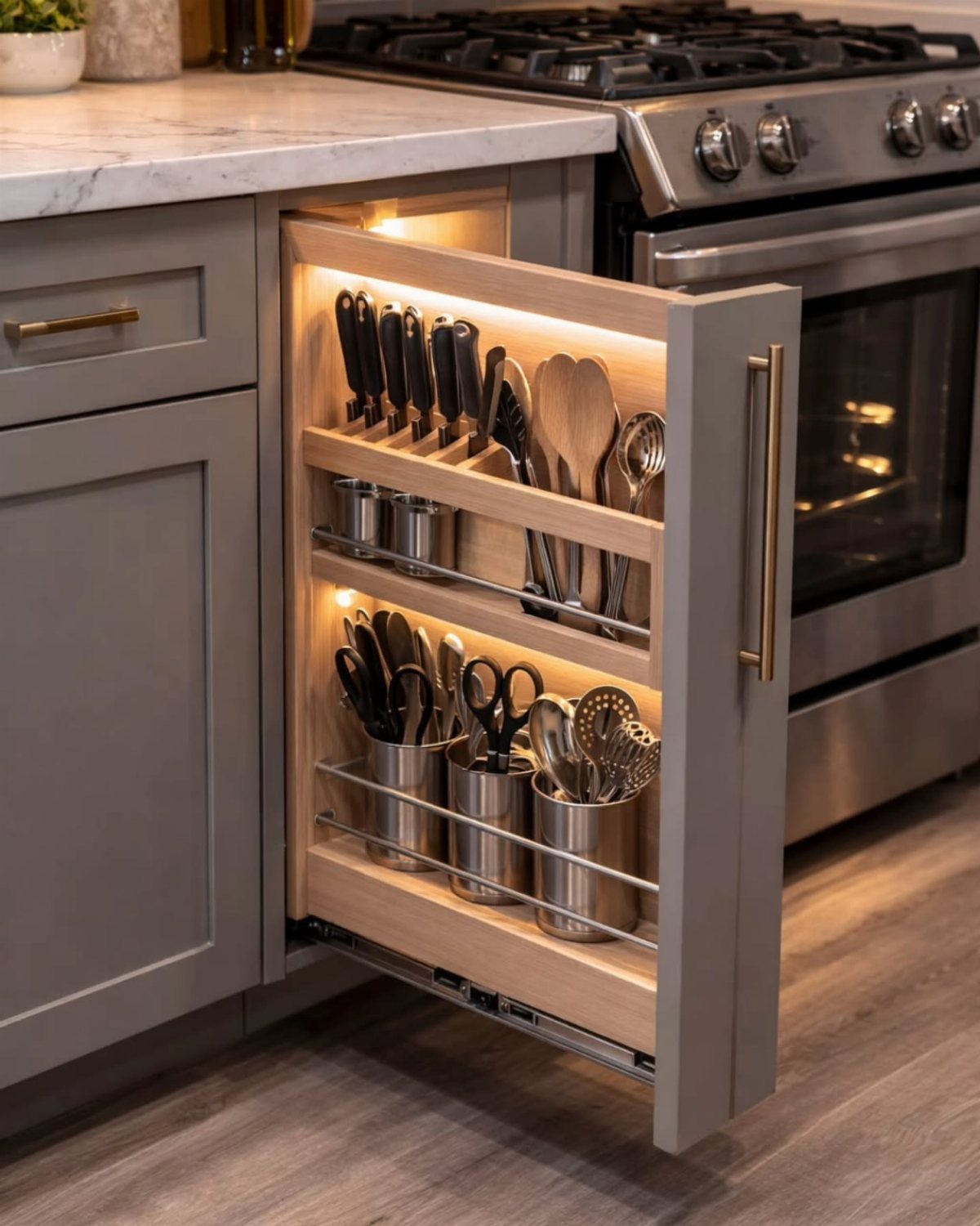 Vertical Pull Out Cabinet Kitchen: 7 Ideas That Fix Stiff Necks 7 A narrow vertical pull-out kitchen cabinet organizer filled with knives and utensils next to a stove.