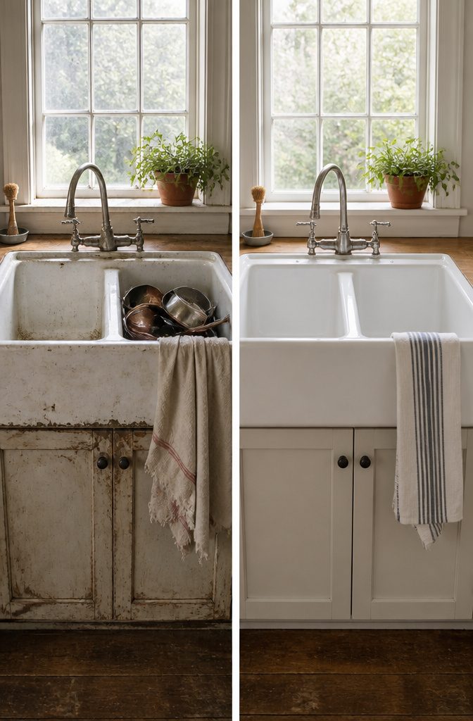 A double bowl farmhouse sink with two equal-sized basins.