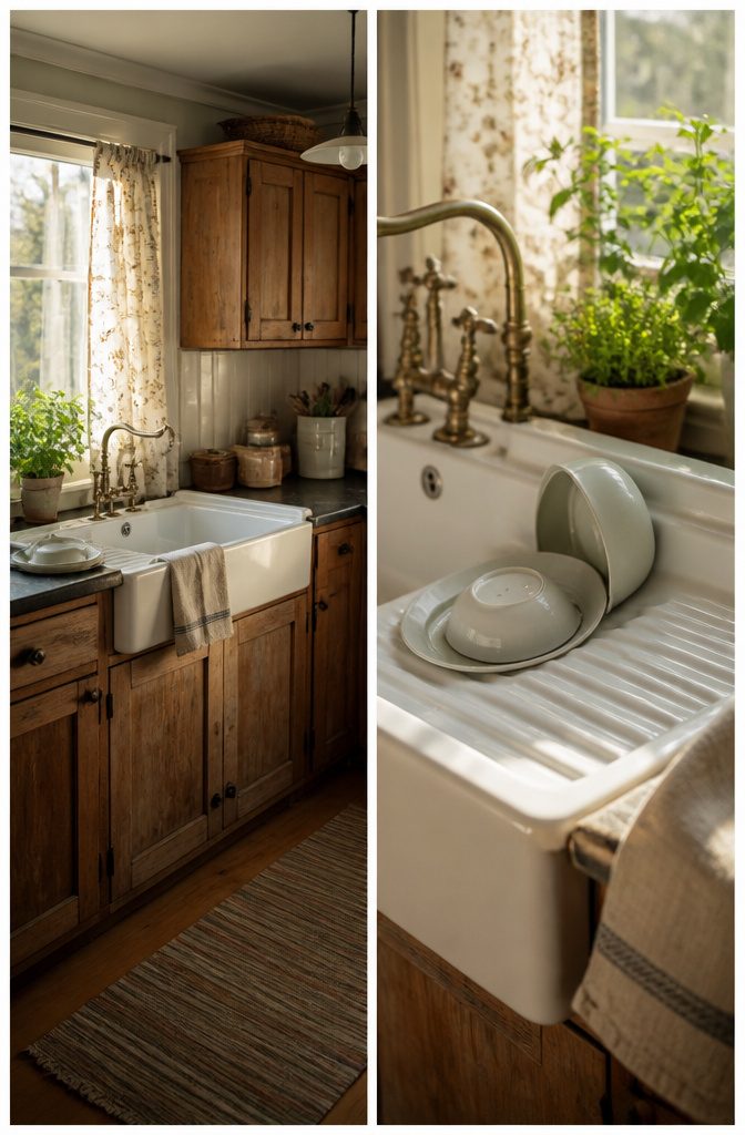 A farmhouse sink with an integrated drainboard on one side.