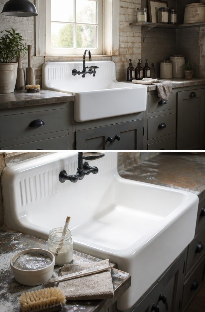 A vintage sink undergoing the refinishing process for restoration.