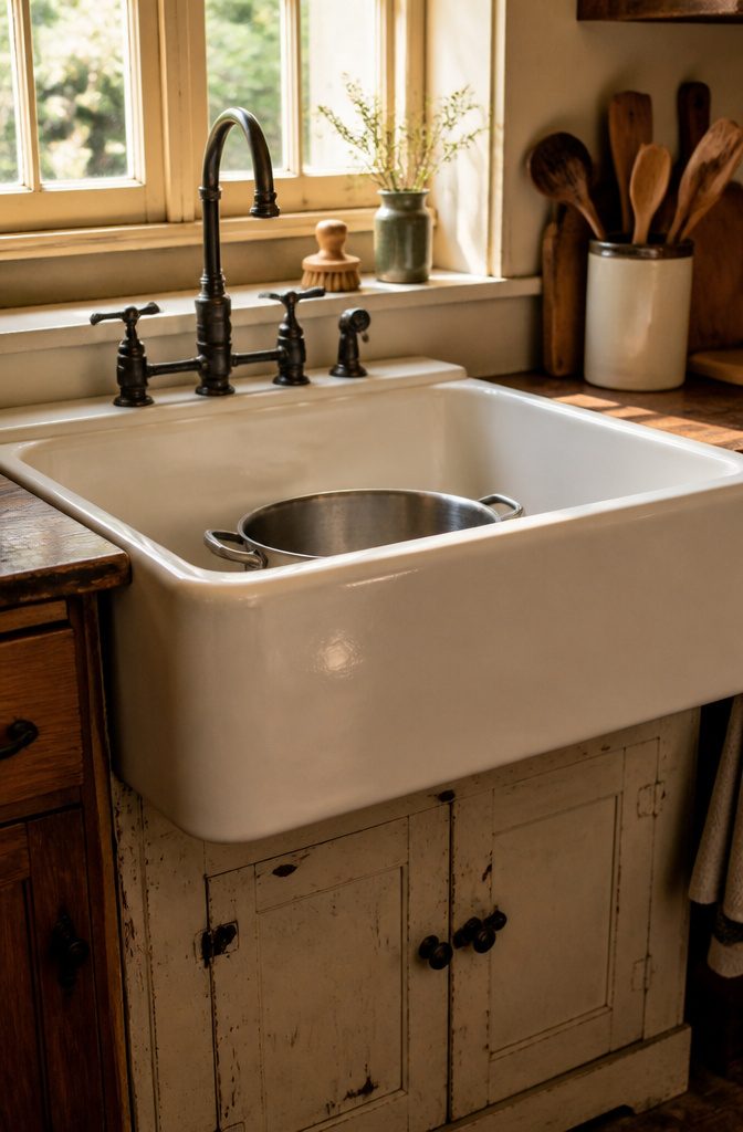 A single bowl farmhouse sink with an apron front and high walls.