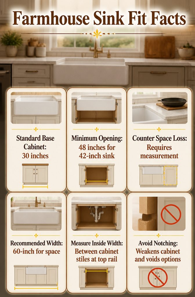 An illustration showing the fit of a farmhouse sink in a cabinet.