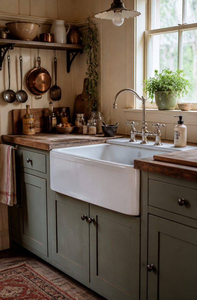 A skirted farmhouse sink with a decorative panel in a rustic kitchen.