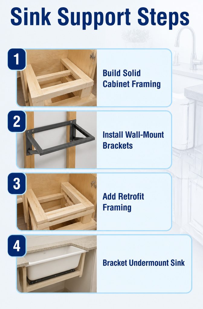 Steps for installing support for a heavy farmhouse sink.