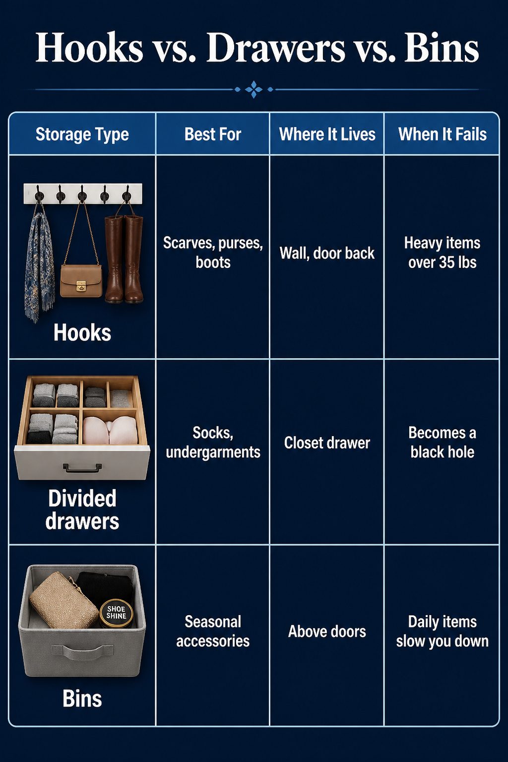 Comparison of hooks, drawers, and bins for closet storage.