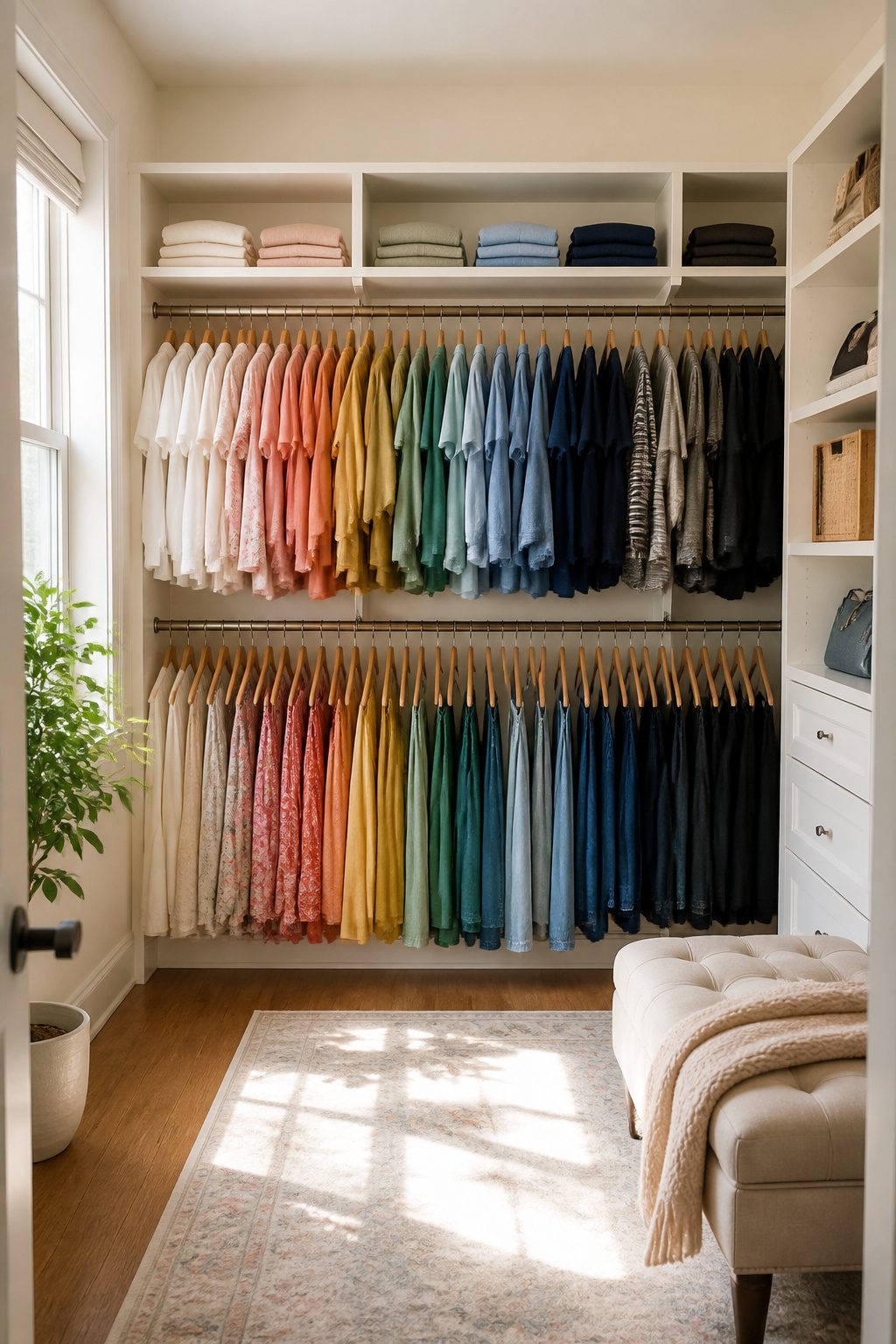 Categories of clothing organized by color in a closet.