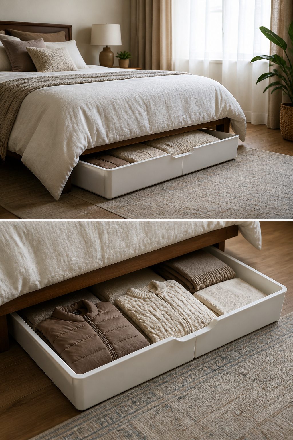 Under-bed storage drawers for off-season clothing.