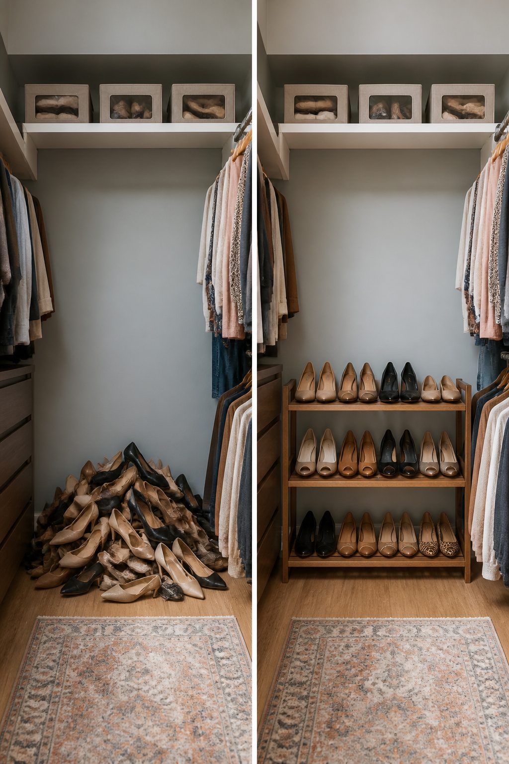 A three-tier slatted shoe rack displaying various shoes.