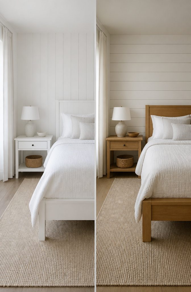 A bright room with white walls and warm wood elements.