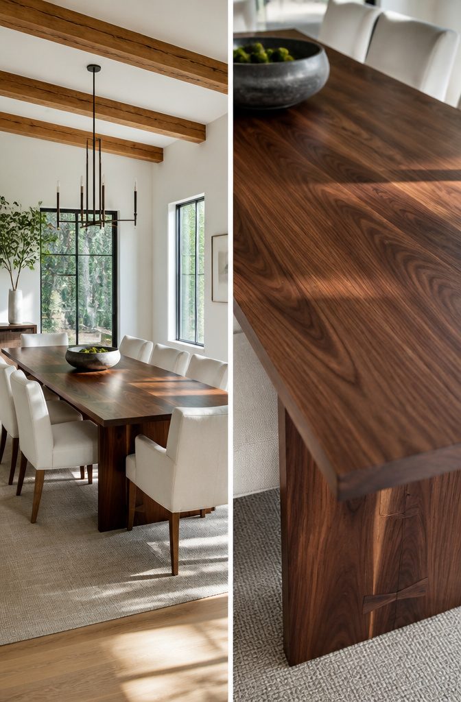 A dark walnut table in a bright room with white wood accents.
