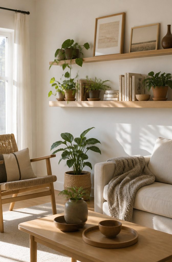 A floating birch wood shelf with plants and books on white walls.