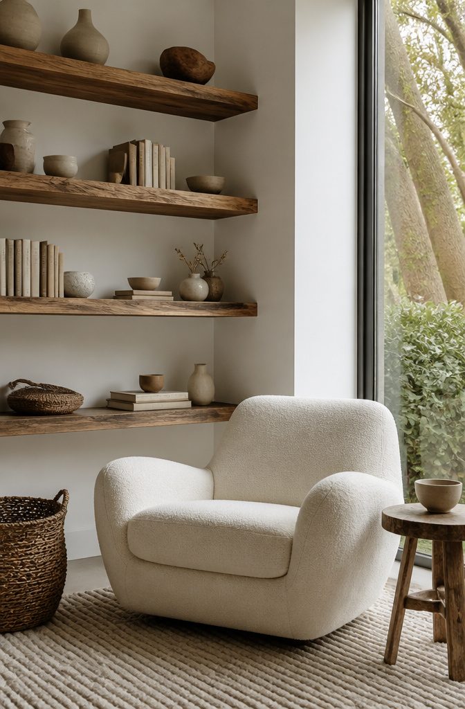 A walnut shelf with books in a quiet reading corner.