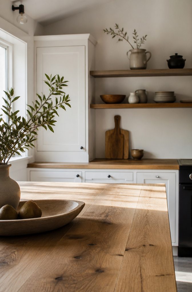 A raw oak countertop highlighting its natural grain in a kitchen.